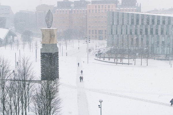 Snowstorm over college campus